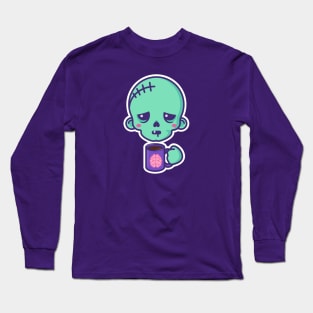 Tired kawaii zombie with brains coffee cup - white outline Long Sleeve T-Shirt